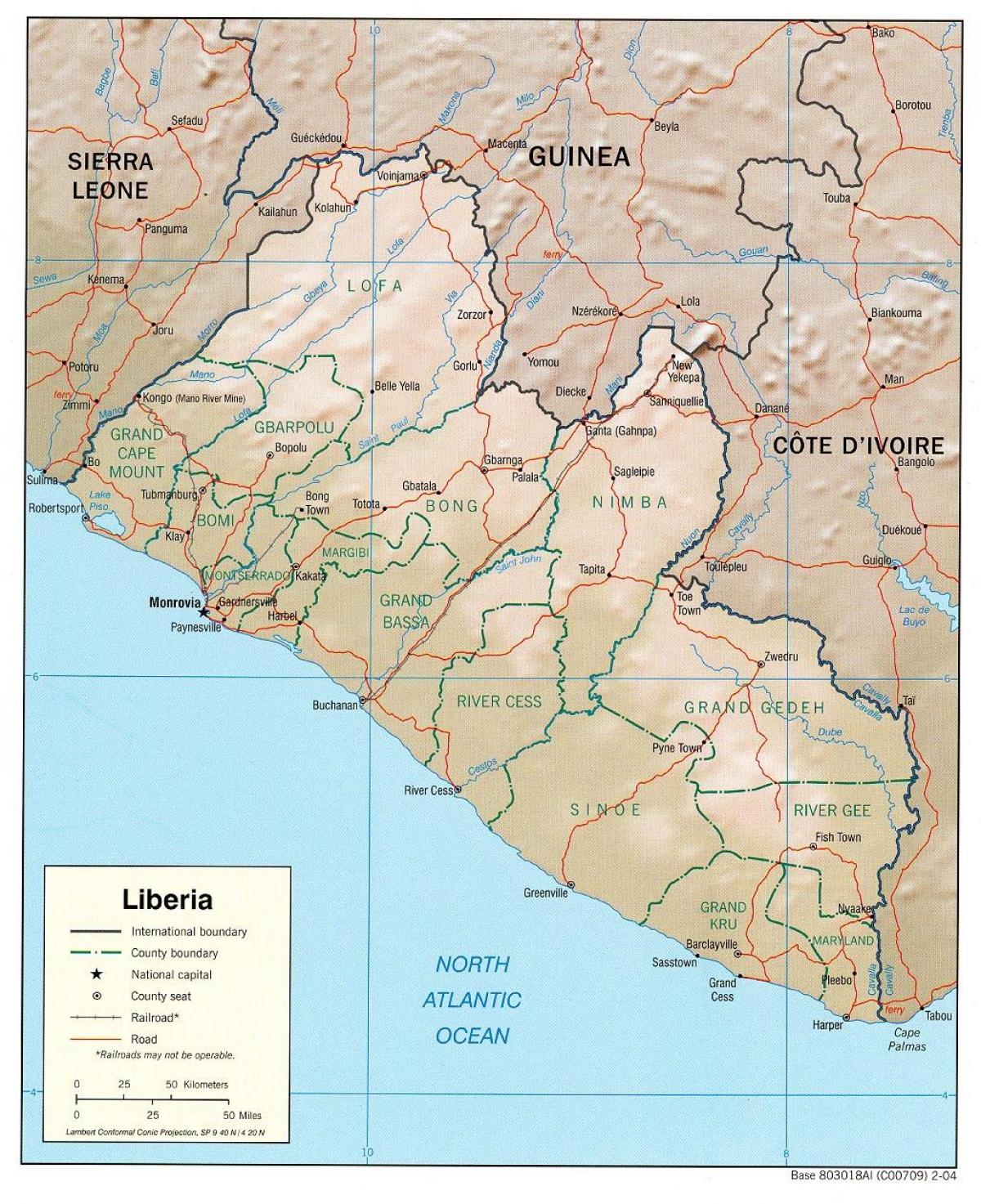 نقشه از نقشه جغرافیایی از کشور لیبریا
