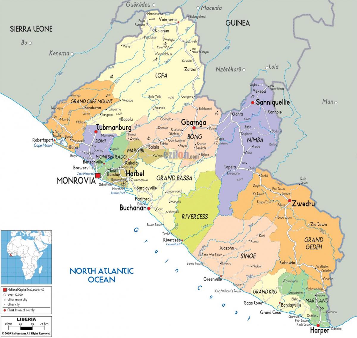نقشه سیاسی کشور لیبریا