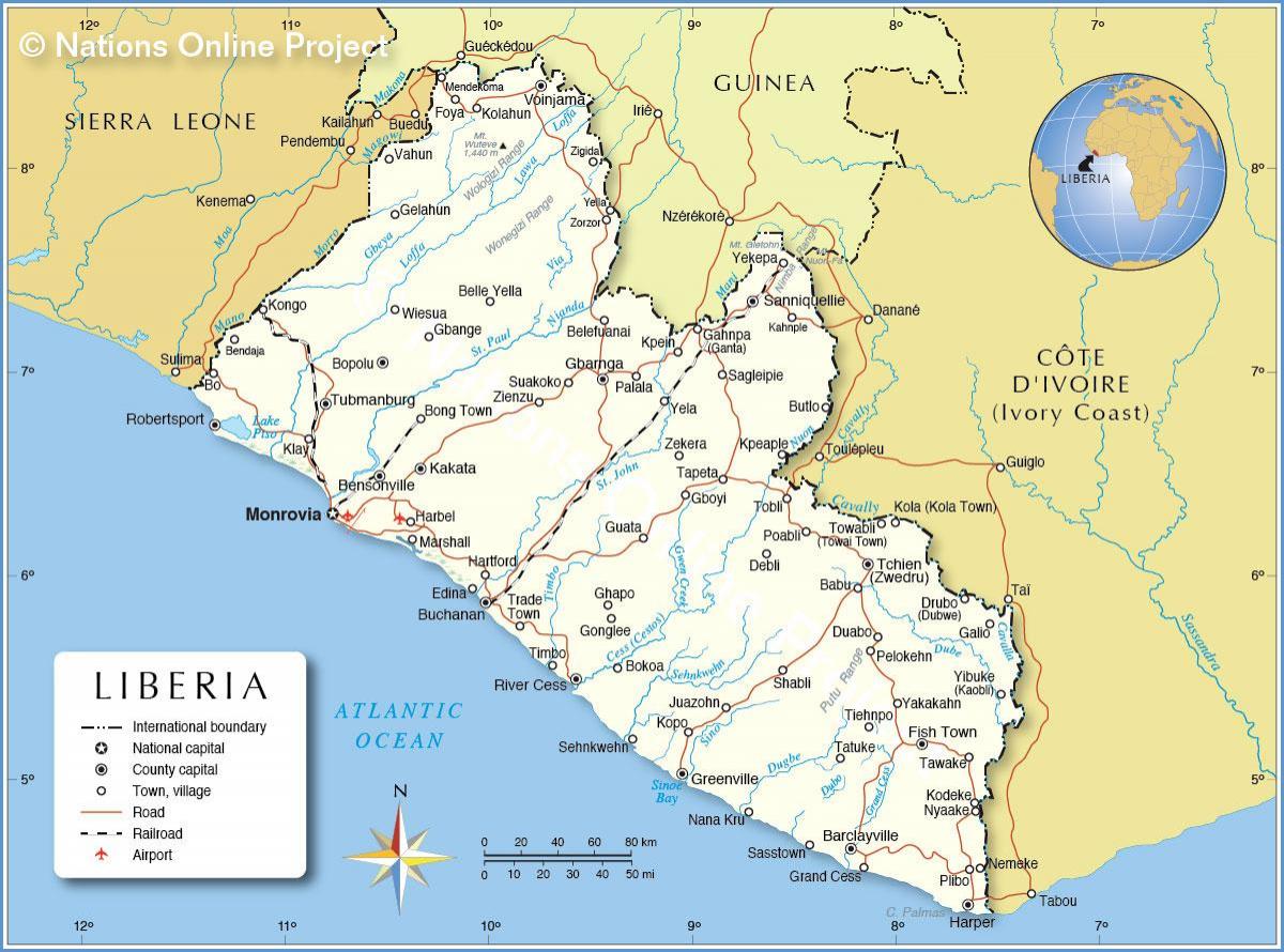 نقشه کشور لیبریا در غرب آفریقا
